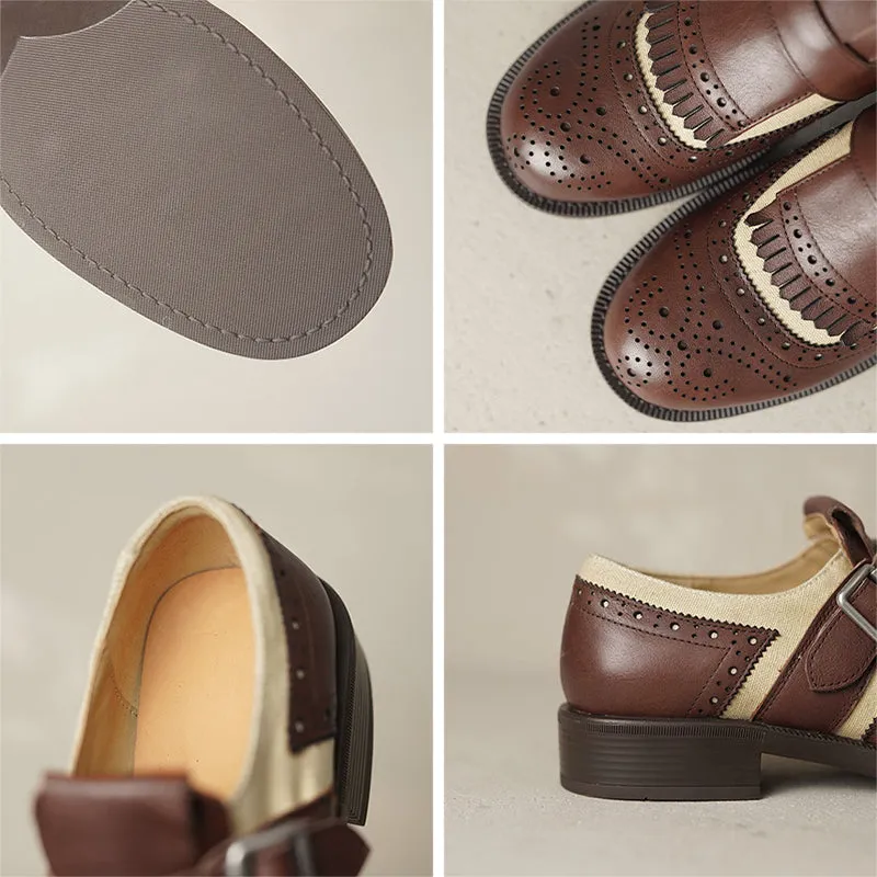 British Style Color-Blocked Cowhide Brogue Loafers with Metal Buckle in Black/Brown