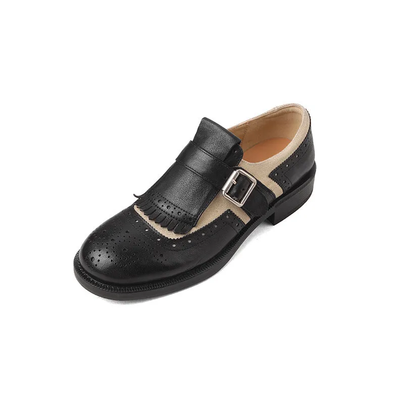 British Style Color-Blocked Cowhide Brogue Loafers with Metal Buckle in Black/Brown