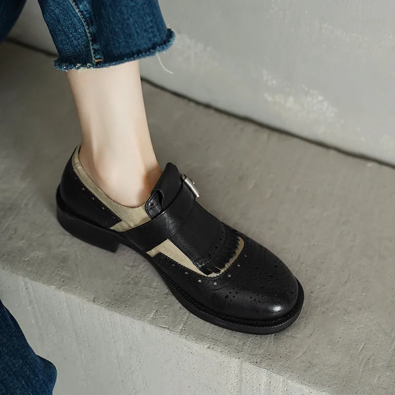 British Style Color-Blocked Cowhide Brogue Loafers with Metal Buckle in Black/Brown