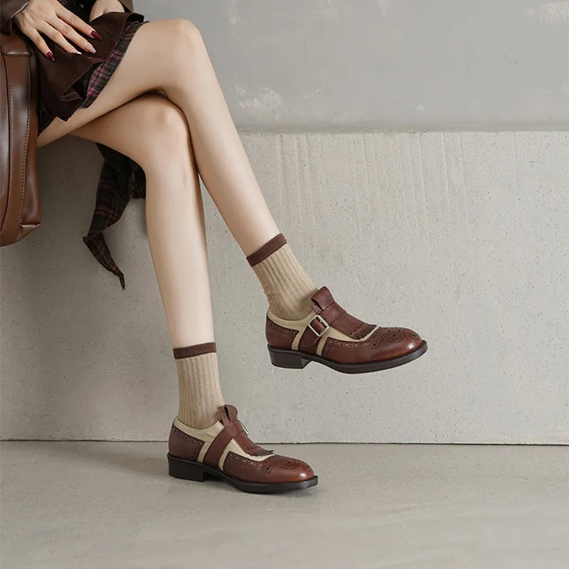 British Style Color-Blocked Cowhide Brogue Loafers with Metal Buckle in Black/Brown