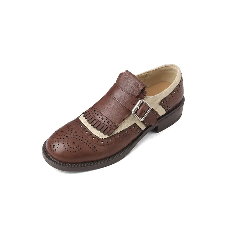 British Style Color-Blocked Cowhide Brogue Loafers with Metal Buckle in Black/Brown