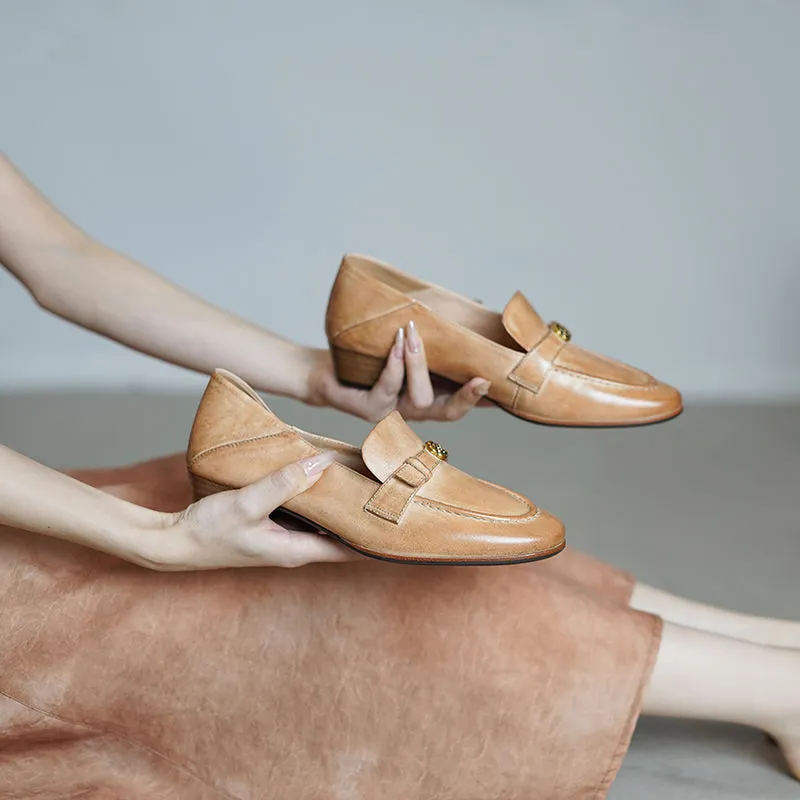 British Style Washed Horse Leather Penny Loafers with Metal Camellia Black/Grey/Brown/Apricot