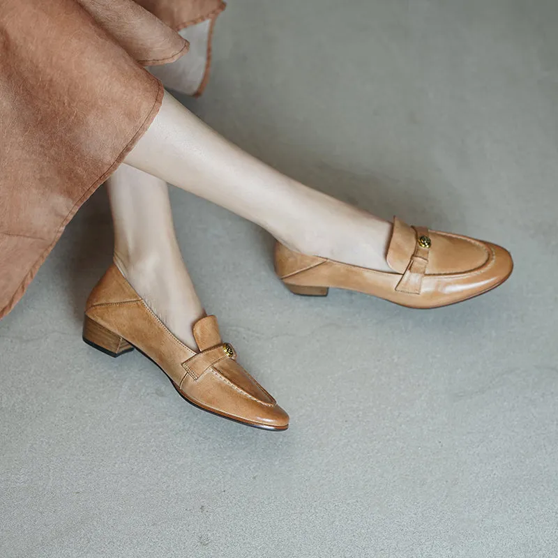 British Style Washed Horse Leather Penny Loafers with Metal Camellia Black/Grey/Brown/Apricot
