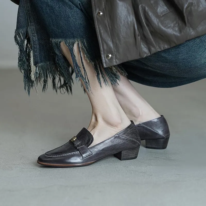 British Style Washed Horse Leather Penny Loafers with Metal Camellia Black/Grey/Brown/Apricot