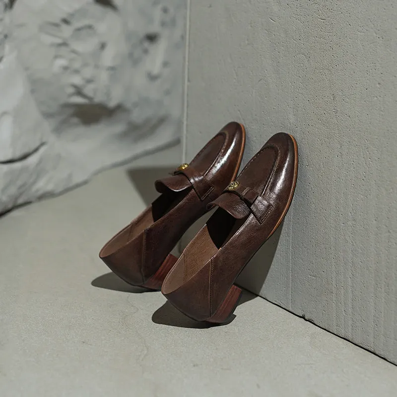 British Style Washed Horse Leather Penny Loafers with Metal Camellia Black/Grey/Brown/Apricot