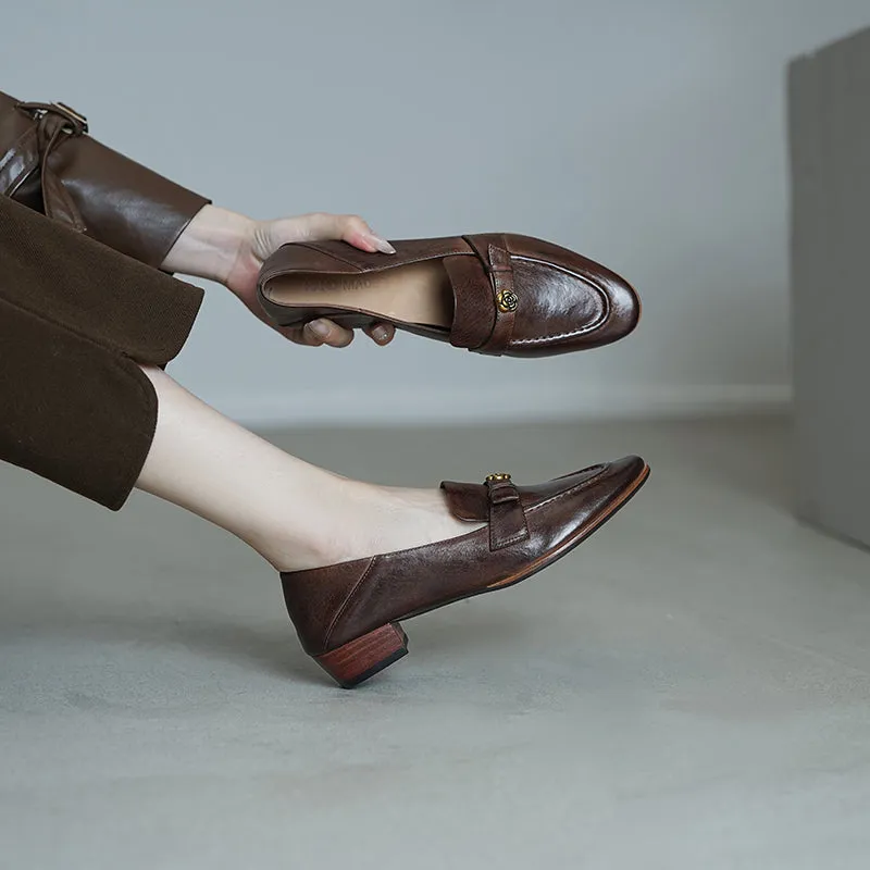 British Style Washed Horse Leather Penny Loafers with Metal Camellia Black/Grey/Brown/Apricot