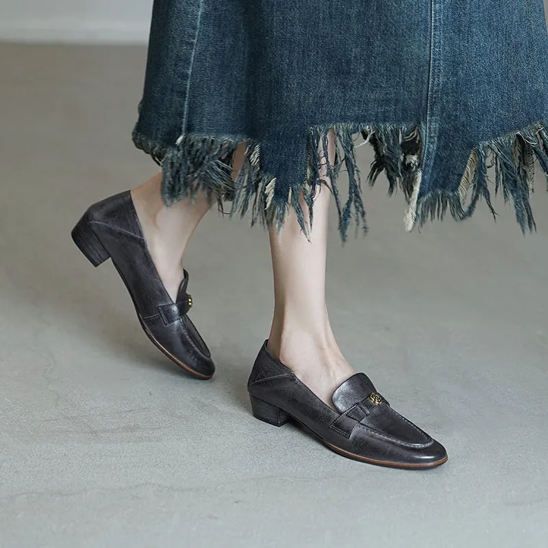 British Style Washed Horse Leather Penny Loafers with Metal Camellia Black/Grey/Brown/Apricot