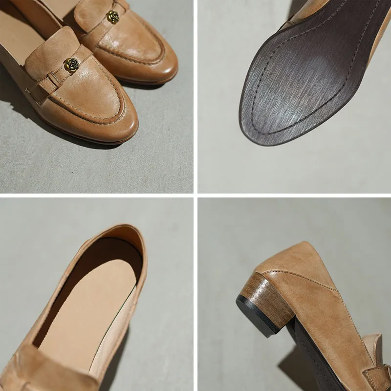 British Style Washed Horse Leather Penny Loafers with Metal Camellia Black/Grey/Brown/Apricot