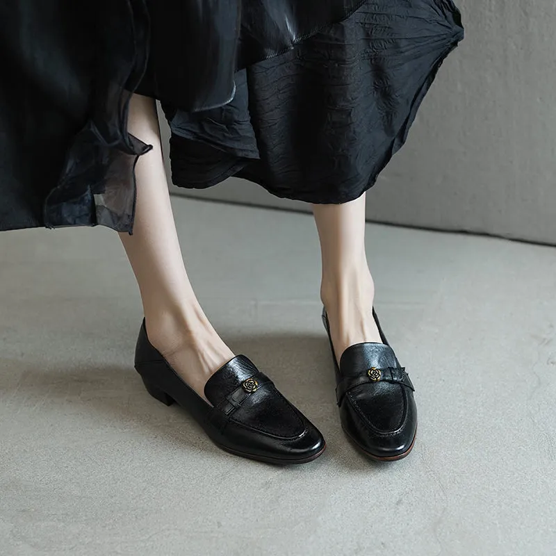 British Style Washed Horse Leather Penny Loafers with Metal Camellia Black/Grey/Brown/Apricot