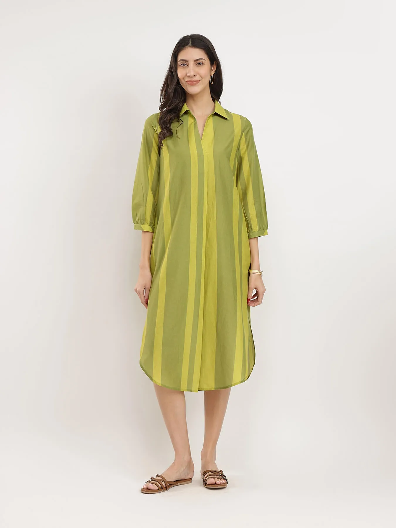 Cotton Monotone Striped Dress - Green