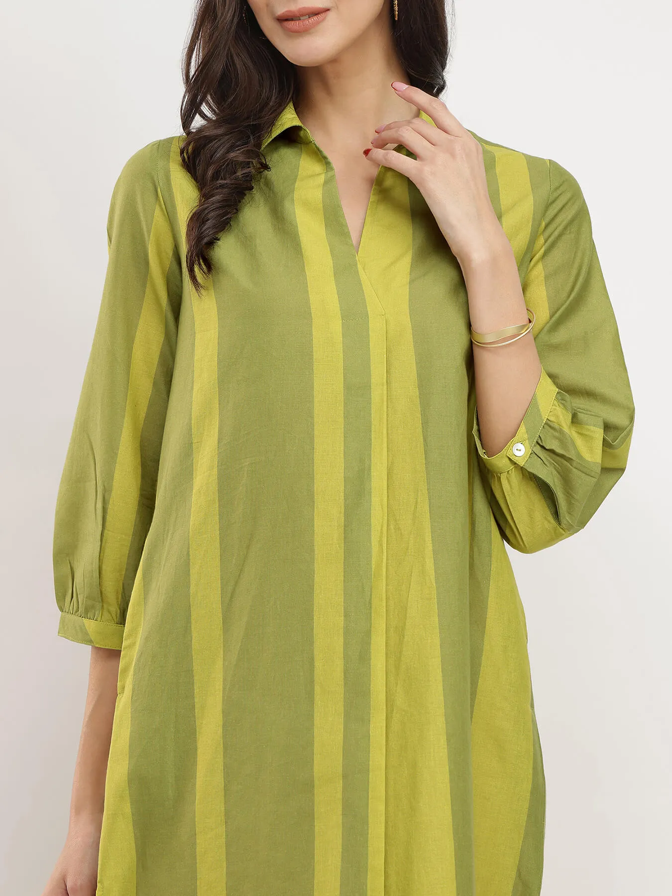 Cotton Monotone Striped Dress - Green