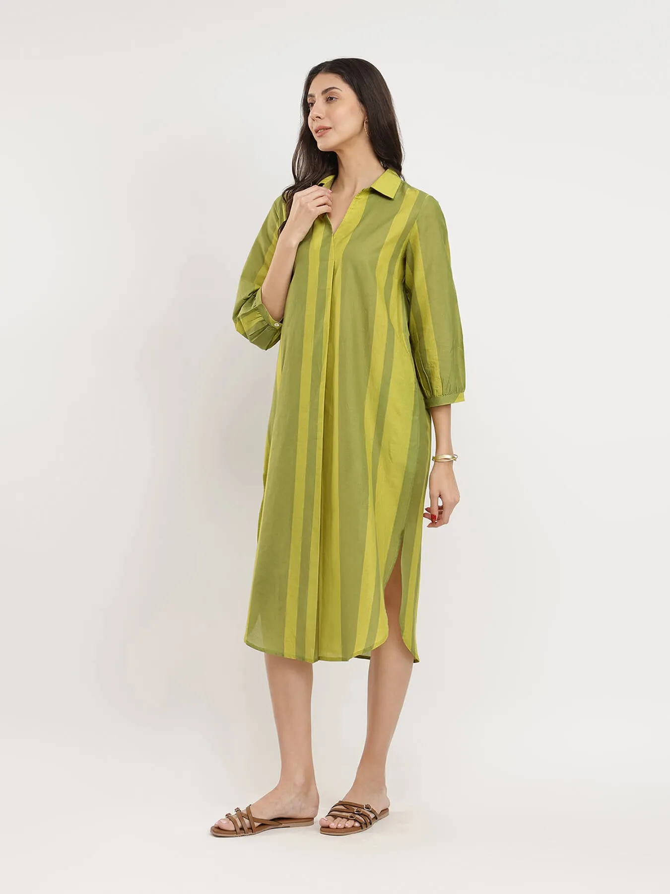 Cotton Monotone Striped Dress - Green