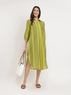 Cotton Monotone Striped Dress - Green