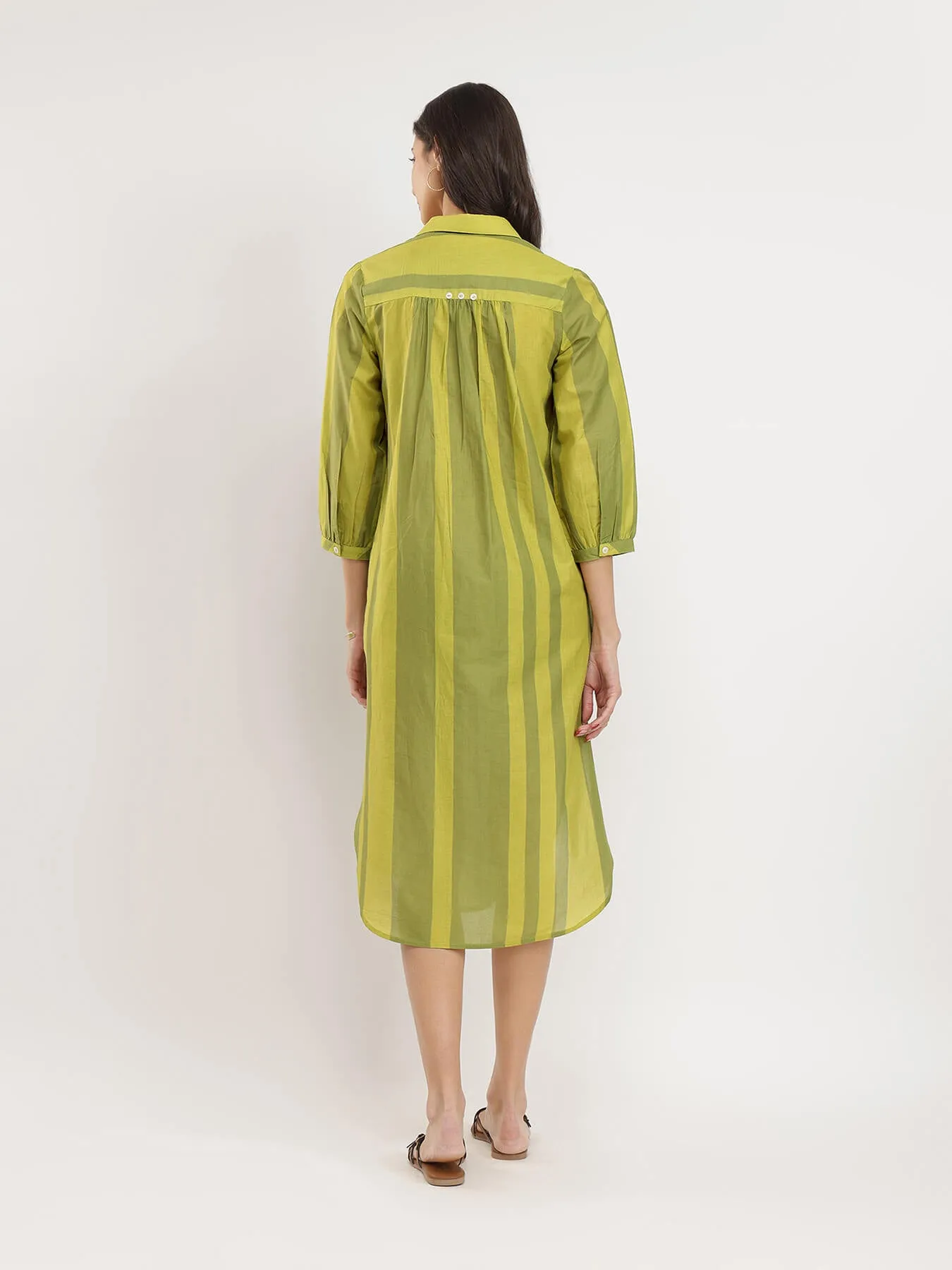 Cotton Monotone Striped Dress - Green