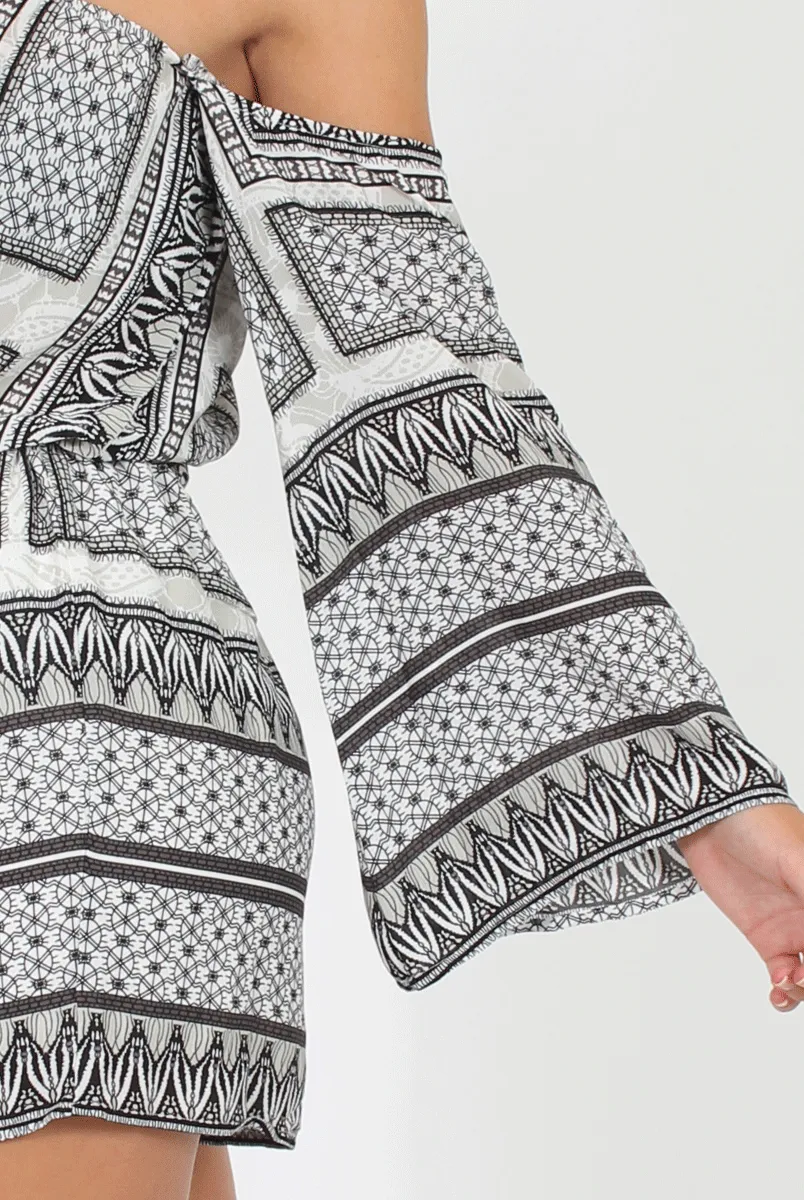 Grey Print Drawstring Bardot Playsuit - Lucinda