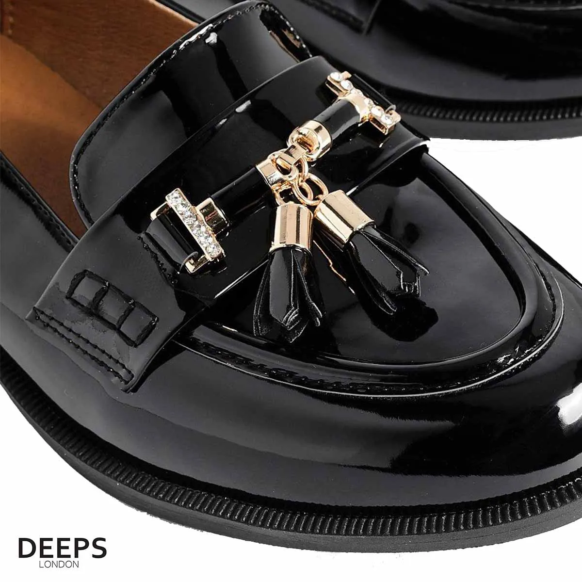 PRIYA BLACK CLASSIC SLIP ON LOAFER WITH GOLD BAR AND TASSEL