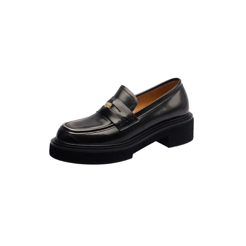 Retro Japanese Cowhide Mid Heel Penny Loafers with Coin Design Black/Brown