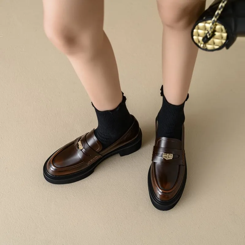 Retro Japanese Cowhide Mid Heel Penny Loafers with Coin Design Black/Brown