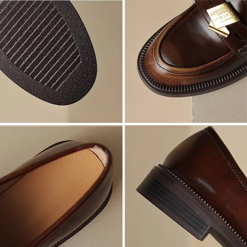 Retro Japanese Cowhide Mid Heel Penny Loafers with Coin Design Black/Brown