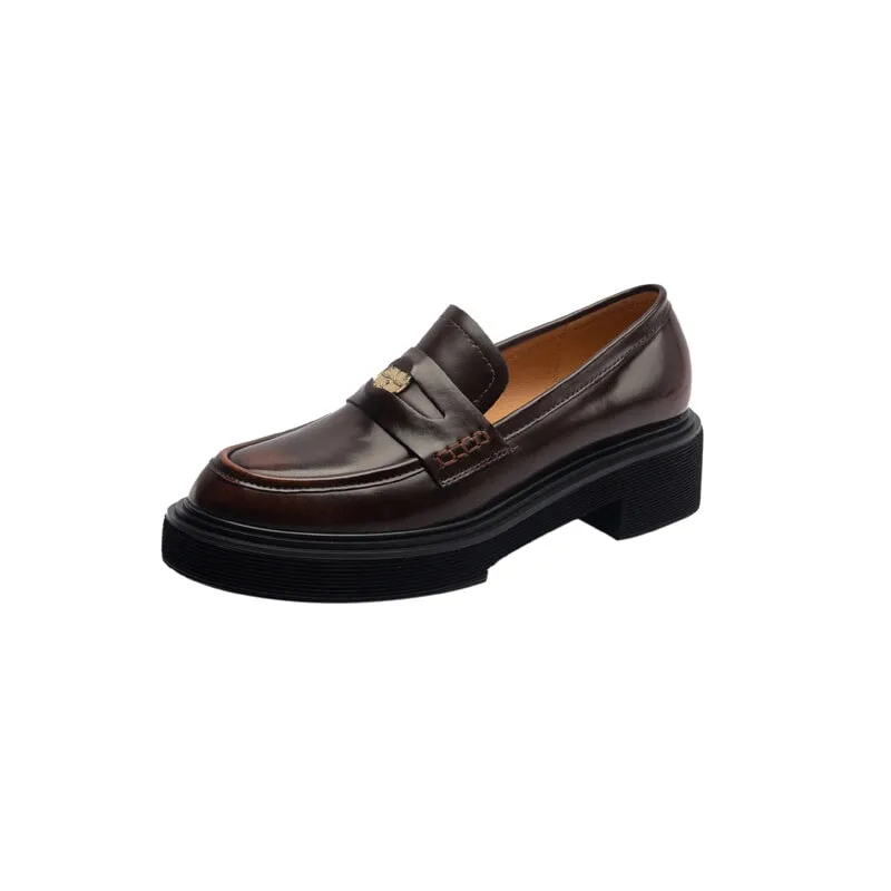 Retro Japanese Cowhide Mid Heel Penny Loafers with Coin Design Black/Brown