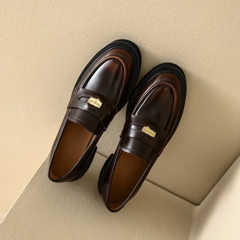 Retro Japanese Cowhide Mid Heel Penny Loafers with Coin Design Black/Brown
