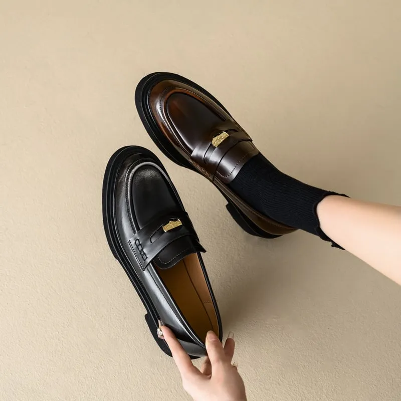 Retro Japanese Cowhide Mid Heel Penny Loafers with Coin Design Black/Brown