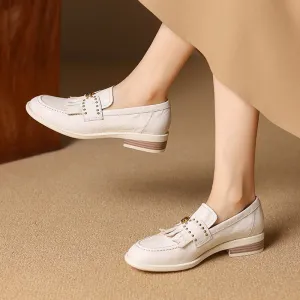 Retro Leather Tassels Loafers for Women Round Toe in Black/Beige