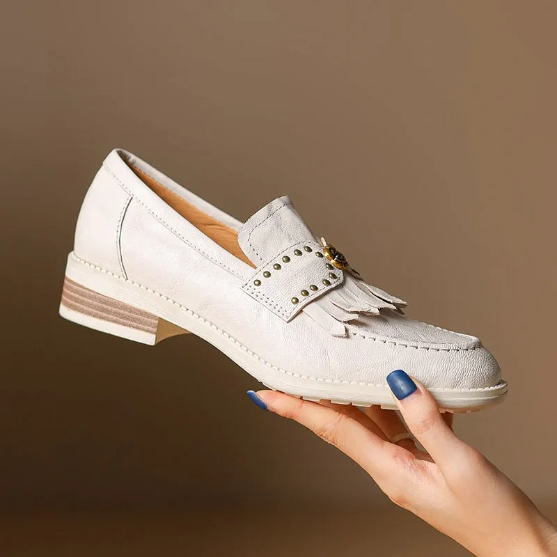 Retro Leather Tassels Loafers for Women Round Toe in Black/Beige