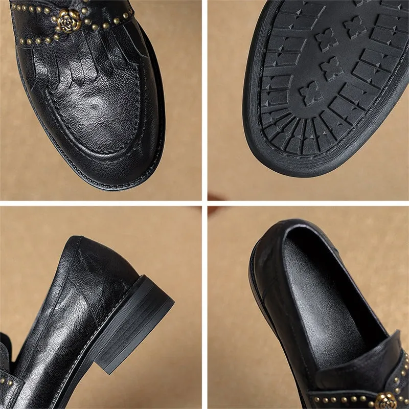 Retro Leather Tassels Loafers for Women Round Toe in Black/Beige