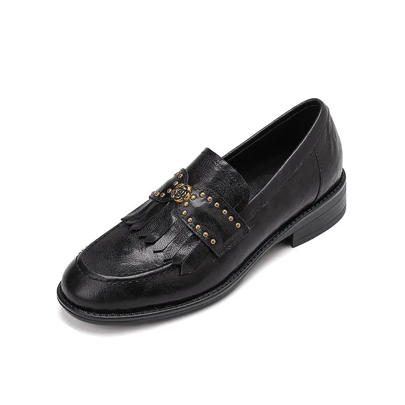 Retro Leather Tassels Loafers for Women Round Toe in Black/Beige