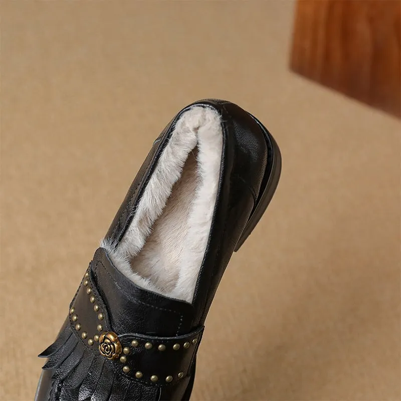 Retro Leather Tassels Loafers for Women Round Toe in Black/Beige