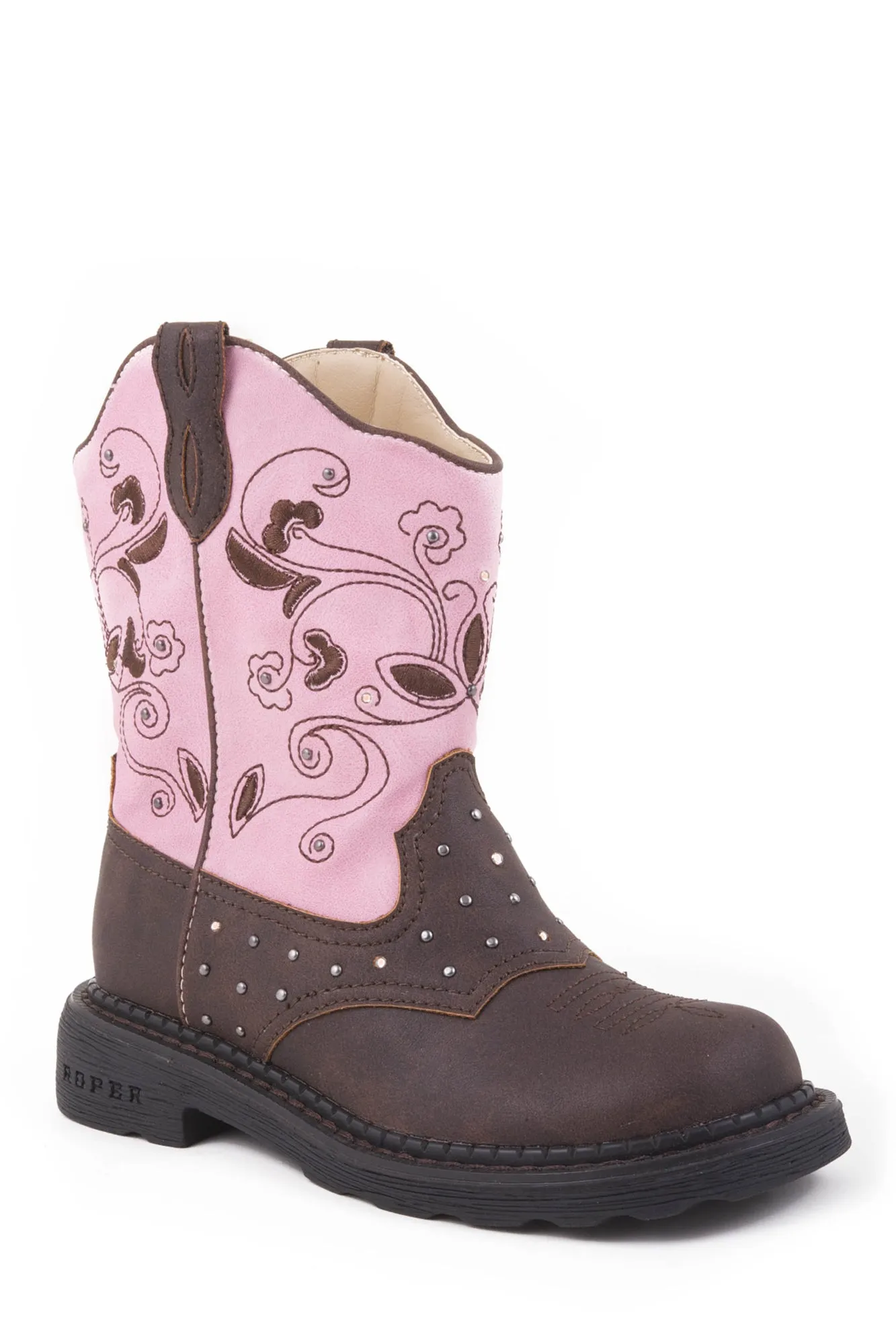 Roper Kids Girls Saddle Light Brown/Pink Faux Leather Cowboy Boots
