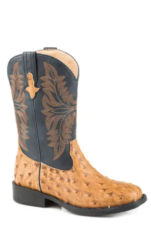 Roper Kids Unisex Cowboy Cool Tan/Navy Faux Leather Cowboy Boots