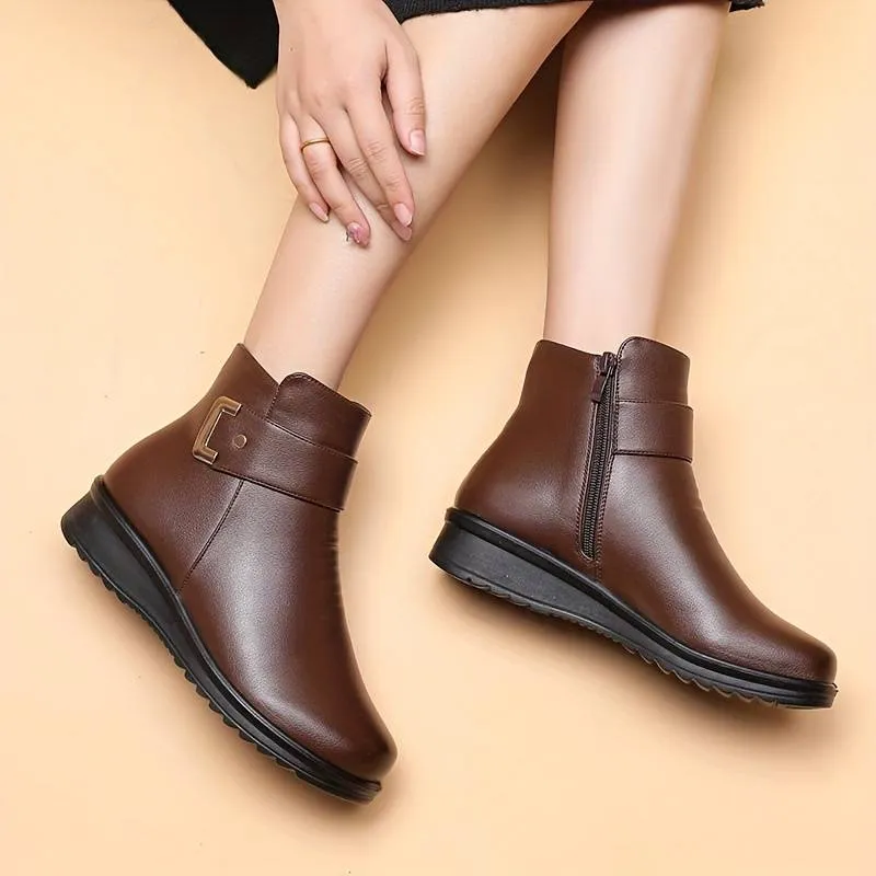 SCARLETT™ LEATHER METAL BUCKLE WARM BOOTS