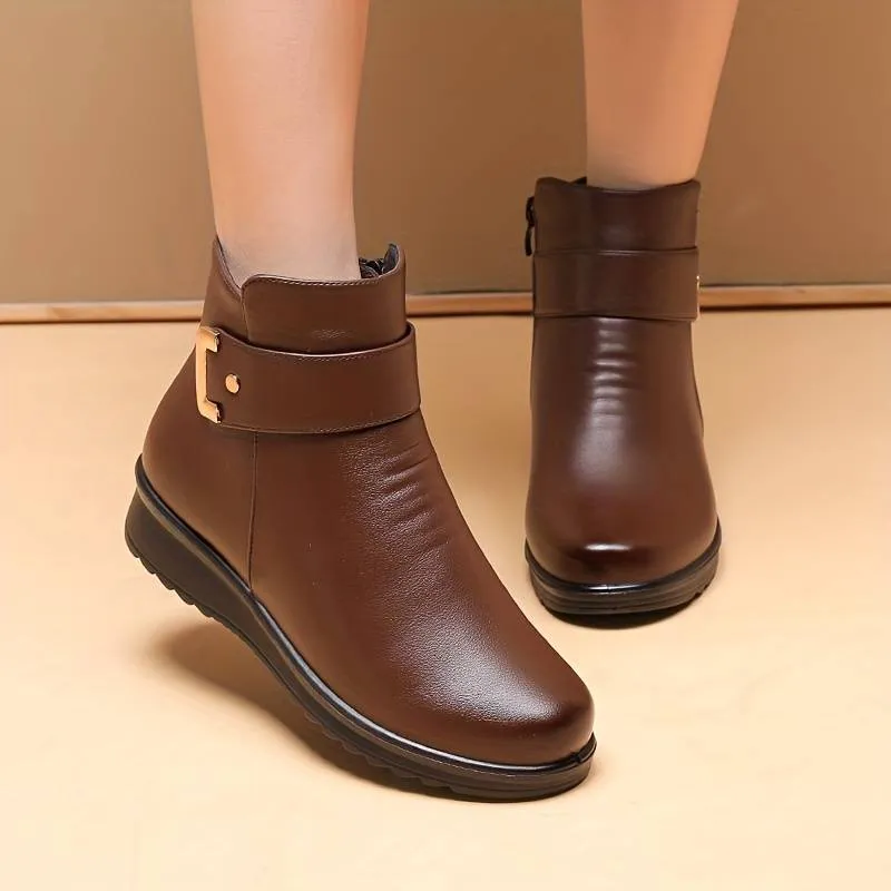 SCARLETT™ LEATHER METAL BUCKLE WARM BOOTS