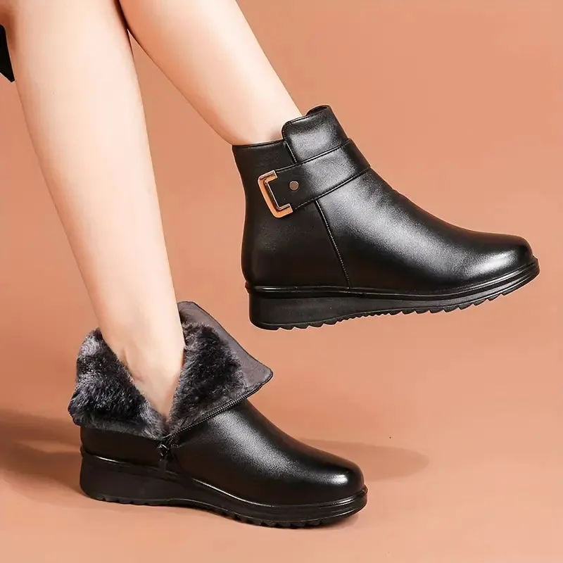 SCARLETT™ LEATHER METAL BUCKLE WARM BOOTS