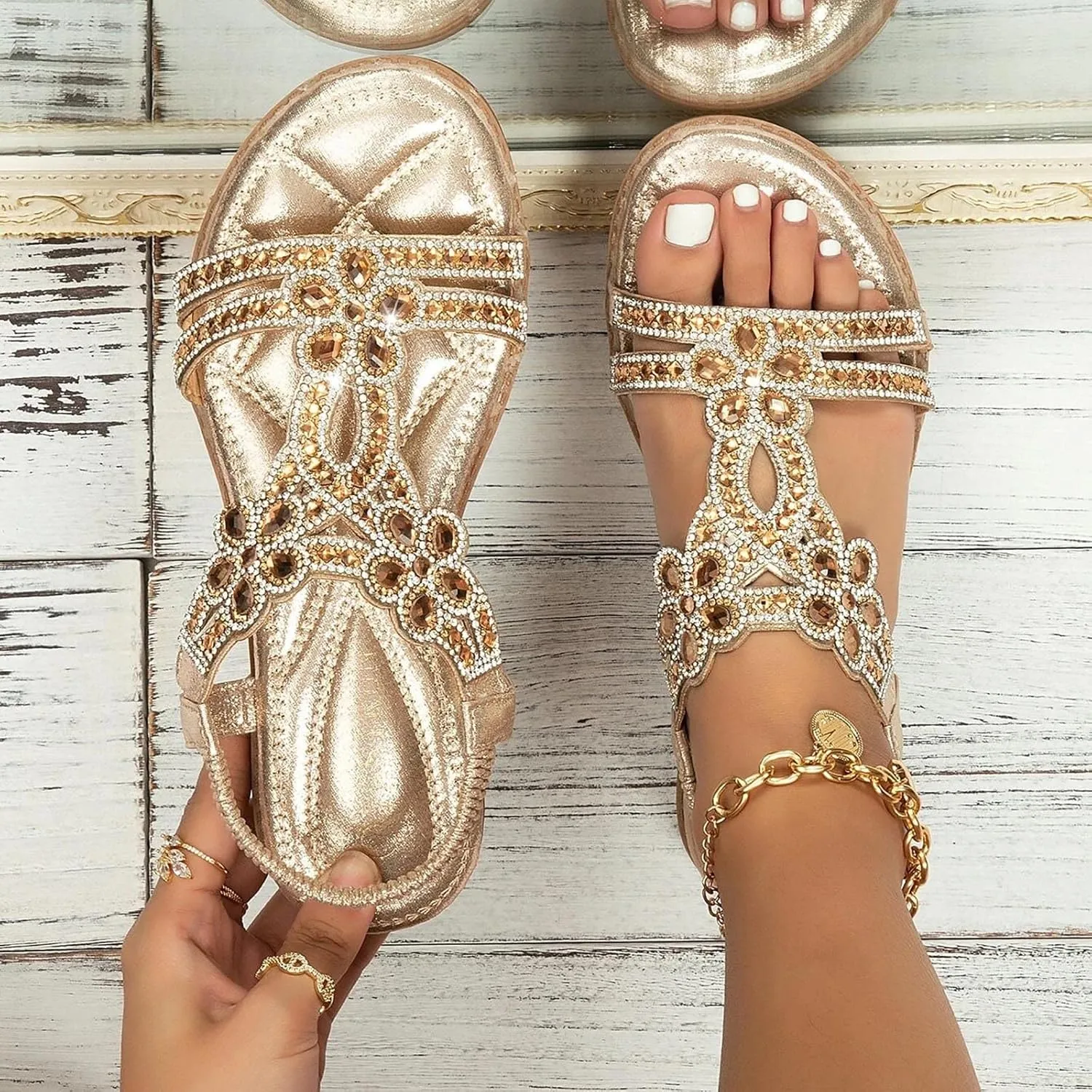 Summer Beach Sandals for Women 2025,Crystal Rhinestone Pearl Flat Sandals for Women Dressy Bling Sparkly Thong Sandals Comfortable T Strap Slip-On Shoes Casual Walking Sandals Strappy Sandals 