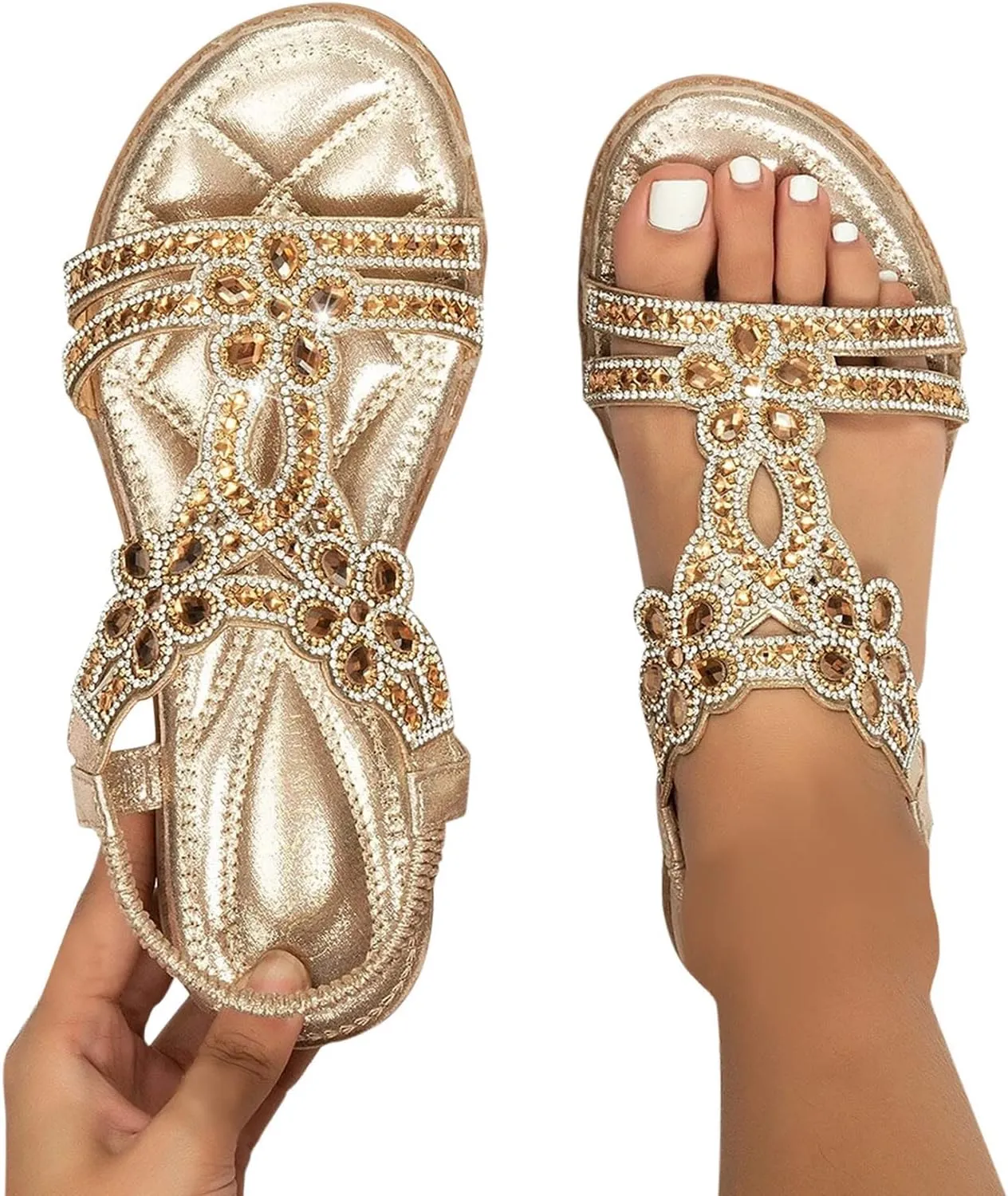 Summer Beach Sandals for Women 2025,Crystal Rhinestone Pearl Flat Sandals for Women Dressy Bling Sparkly Thong Sandals Comfortable T Strap Slip-On Shoes Casual Walking Sandals Strappy Sandals 