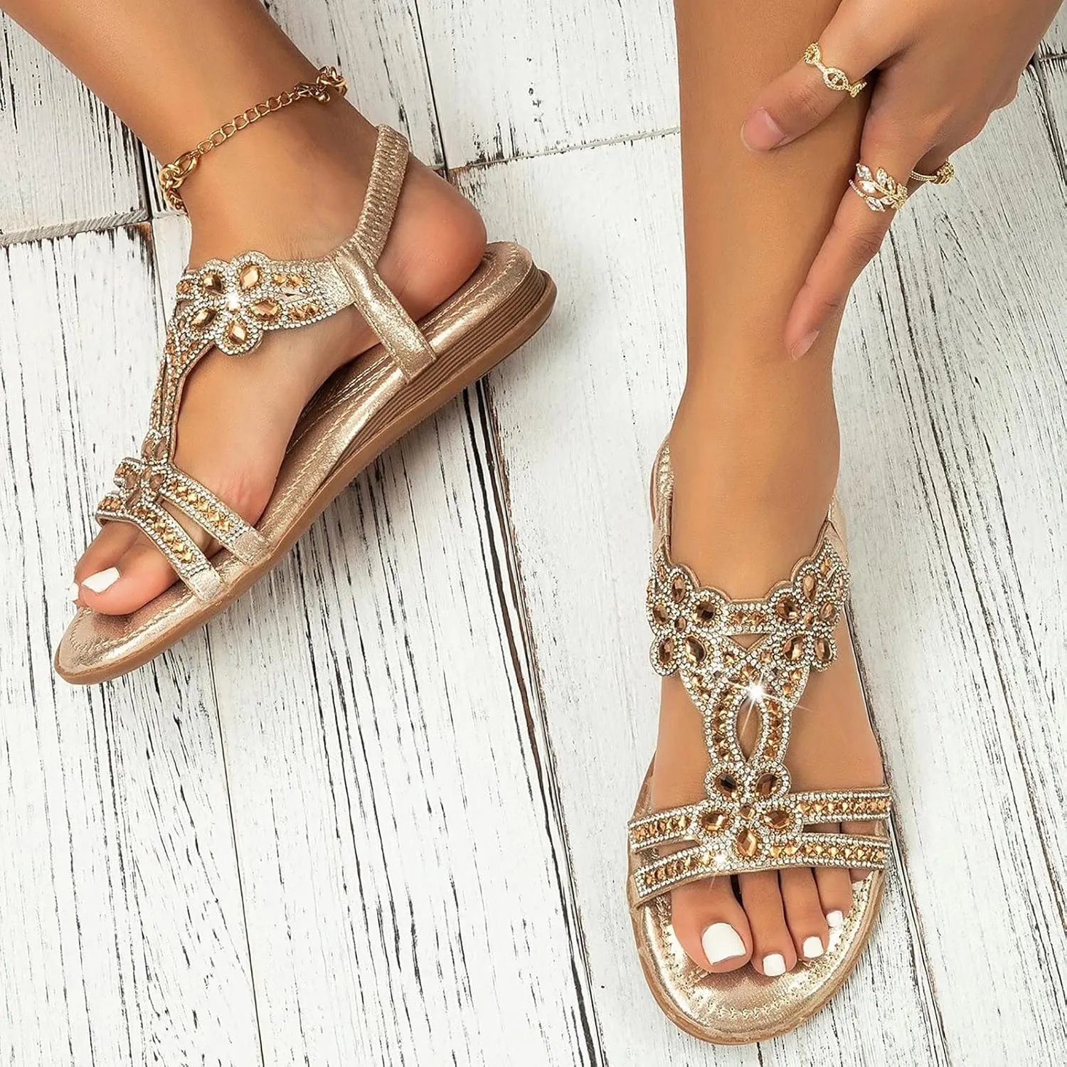 Summer Beach Sandals for Women 2025,Crystal Rhinestone Pearl Flat Sandals for Women Dressy Bling Sparkly Thong Sandals Comfortable T Strap Slip-On Shoes Casual Walking Sandals Strappy Sandals 