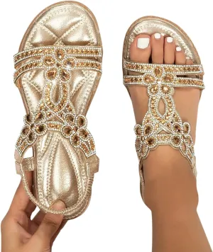 Summer Beach Sandals for Women 2025,Crystal Rhinestone Pearl Flat Sandals for Women Dressy Bling Sparkly Thong Sandals Comfortable T Strap Slip-On Shoes Casual Walking Sandals Strappy Sandals 