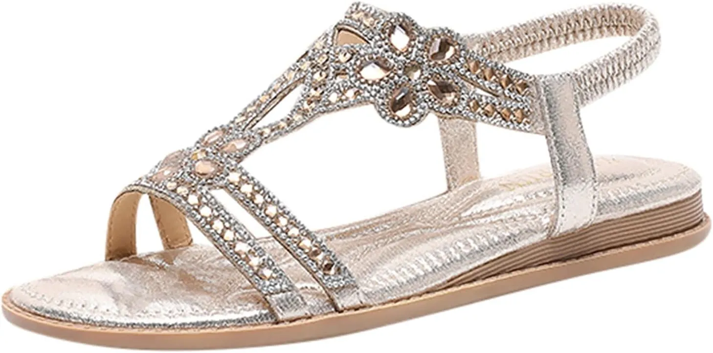 Summer Beach Sandals for Women 2025,Crystal Rhinestone Pearl Flat Sandals for Women Dressy Bling Sparkly Thong Sandals Comfortable T Strap Slip-On Shoes Casual Walking Sandals Strappy Sandals 