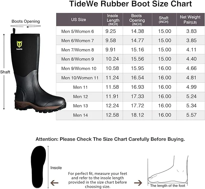 TIDEWE Rubber Neoprene Black Unisex Waterproof Durable Hunting Arctic Outdoor Boots