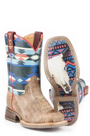 Tin Haul Kids Unisex Awesome Aztec Bull Skull Brown/Blue Leather Cowboy Boots