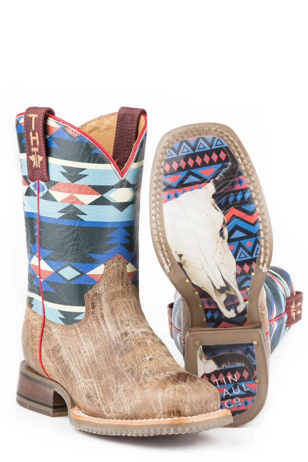 Tin Haul Kids Unisex Awesome Aztec Bull Skull Brown/Blue Leather Cowboy Boots