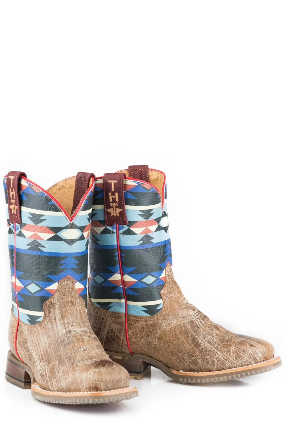 Tin Haul Kids Unisex Awesome Aztec Bull Skull Brown/Blue Leather Cowboy Boots