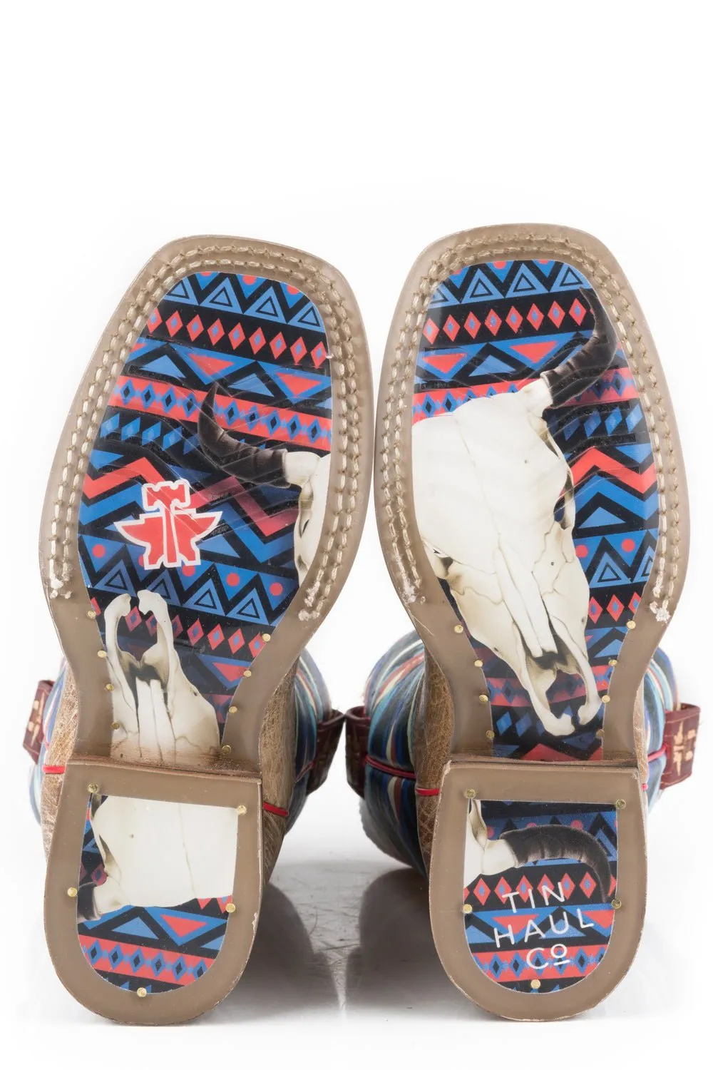 Tin Haul Kids Unisex Awesome Aztec Bull Skull Brown/Blue Leather Cowboy Boots