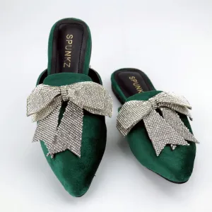 Velvet Loafers Mules Rhinestone Bow Fancy Cut Shoes