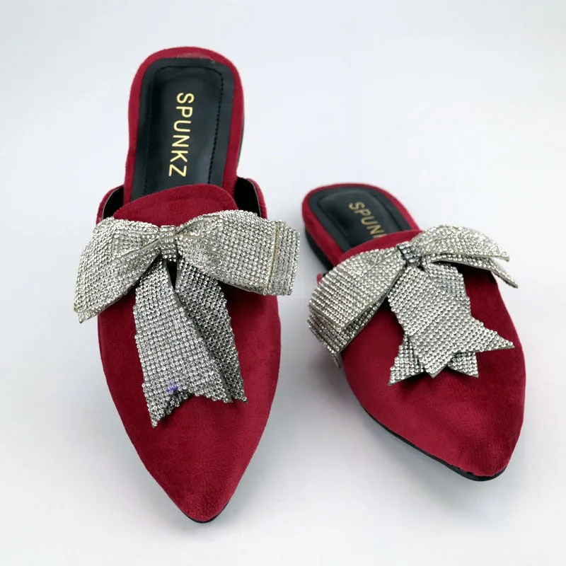 Velvet Loafers Mules Rhinestone Bow Fancy Cut Shoes