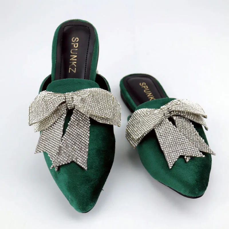 Velvet Loafers Mules Rhinestone Bow Fancy Cut Shoes