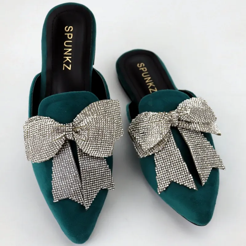 Velvet Loafers Mules Rhinestone Bow Fancy Cut Shoes